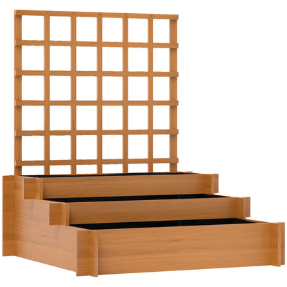 3 Tier Garden Planters with Trellis for Vine Climbing, Wooden Raised Beds, 95x95x110cm, Brown