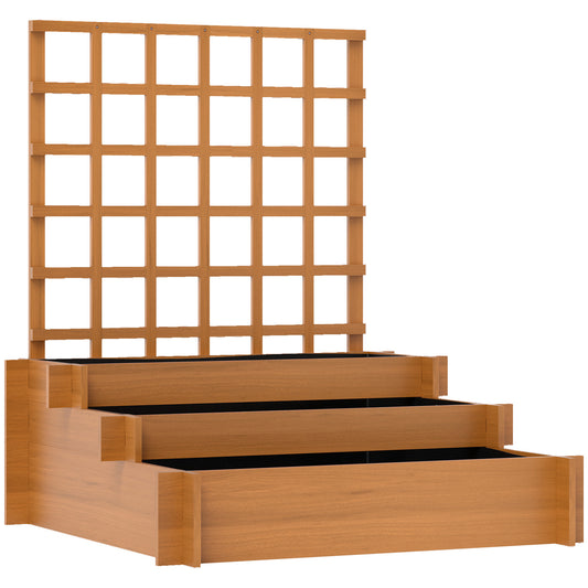 3 Tier Garden Planters with Trellis for Vine Climbing, Wooden Raised Beds, 95x95x110cm, Brown