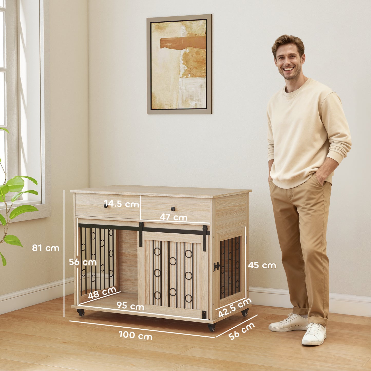 Dog Crate Furniture on Wheels, Dog Cage with 2 Drawers, Sliding Door, for Medium Large Dogs, Oak Tone