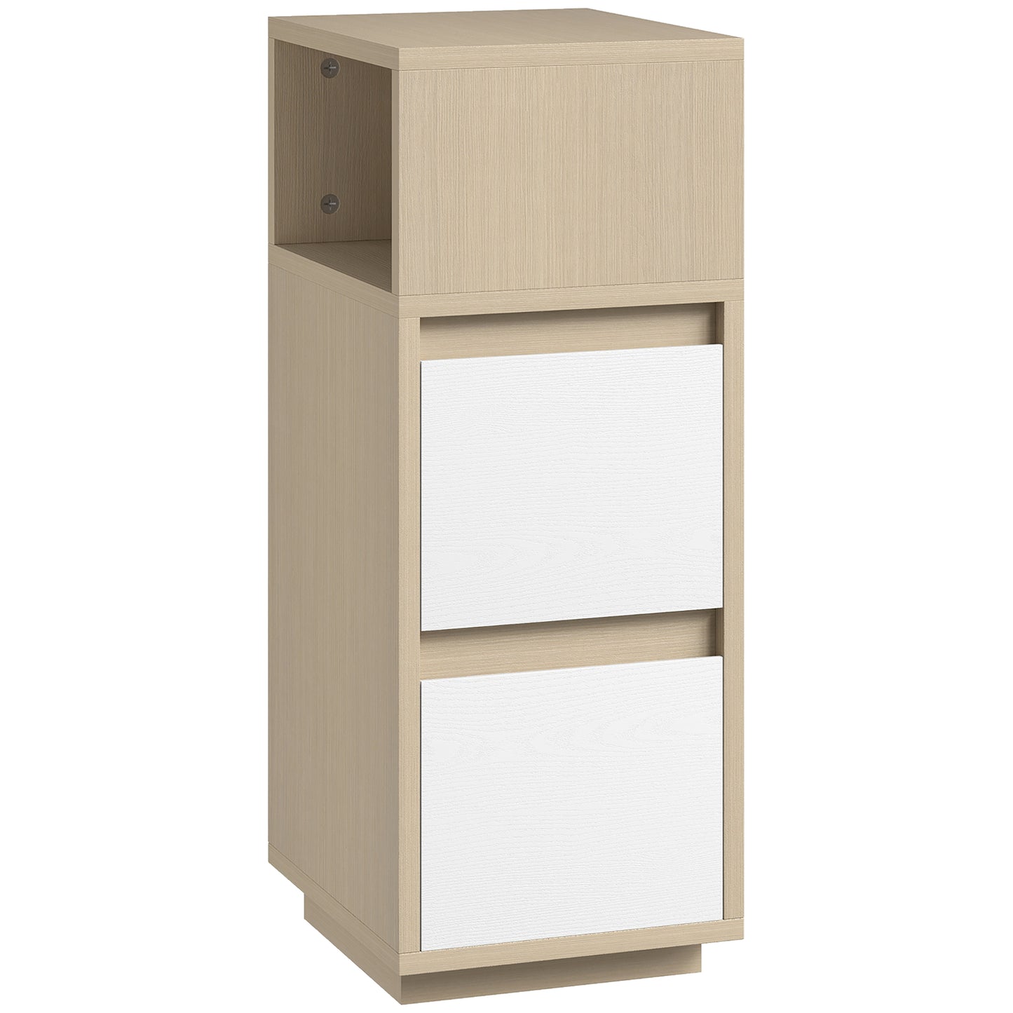 Slim Bedside Table, Narrow Bedside Cabinet with Open Shelf and 2 Drawers for Bedroom, Living Room, Natural Wood Finish