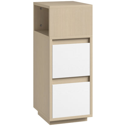 Slim Bedside Table, Narrow Bedside Cabinet with Open Shelf and 2 Drawers for Bedroom, Living Room, Natural Wood Finish