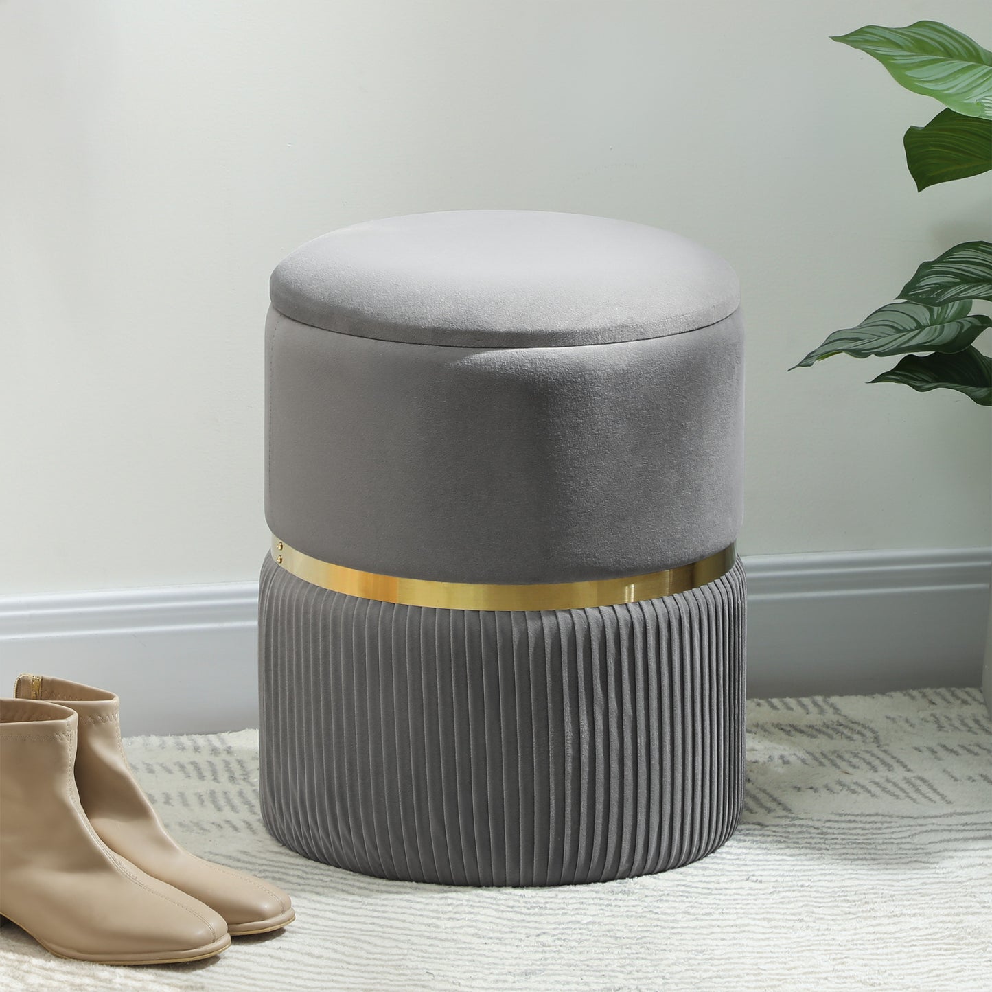 Velvet-Feel Storage Ottoman - Grey