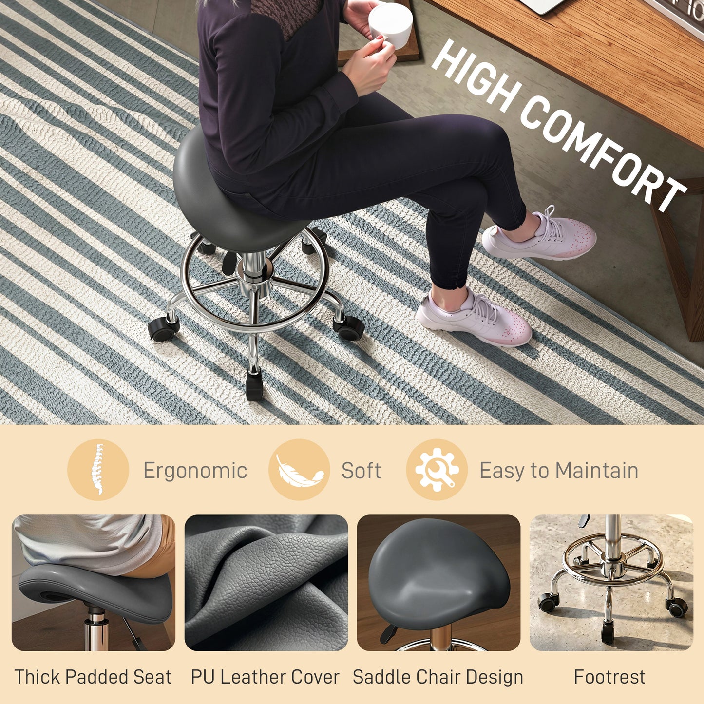Salon Saddle Stool, Rolling Saddle Chair for Massage, Spa, Clinic, Beauty, Hairdressing and Tattoo, Grey