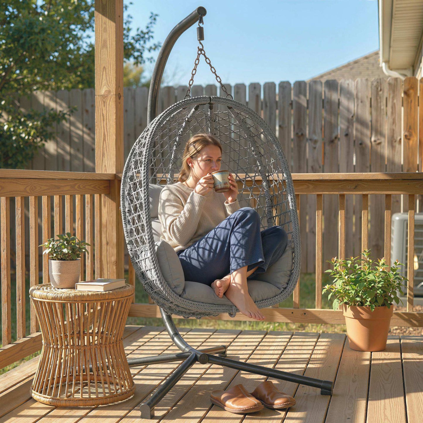 Hanging Egg Chair, Indoor Outdoor Rattan Hammock Swing Chair with Stand, Safety Strap, Foldable Basket, Dark Grey