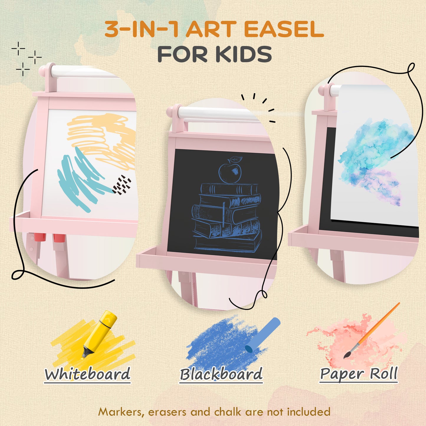 3 in 1 Kids Easel Double-Sided Magnetic Whiteboard and Chalkboard with Paper Roll, Storage Baskets - Pink