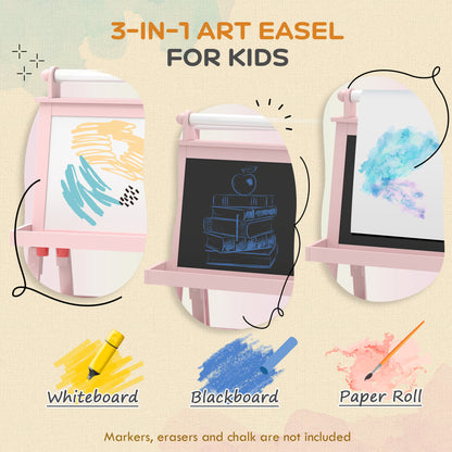 3 in 1 Kids Easel Double-Sided Magnetic Whiteboard and Chalkboard with Paper Roll, Storage Baskets - Pink