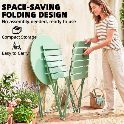 Folding Garden Bistro Set, Outdoor Round Bistro Table and Chairs Set 2 with Electrophoresis Metal Frame, Light Green