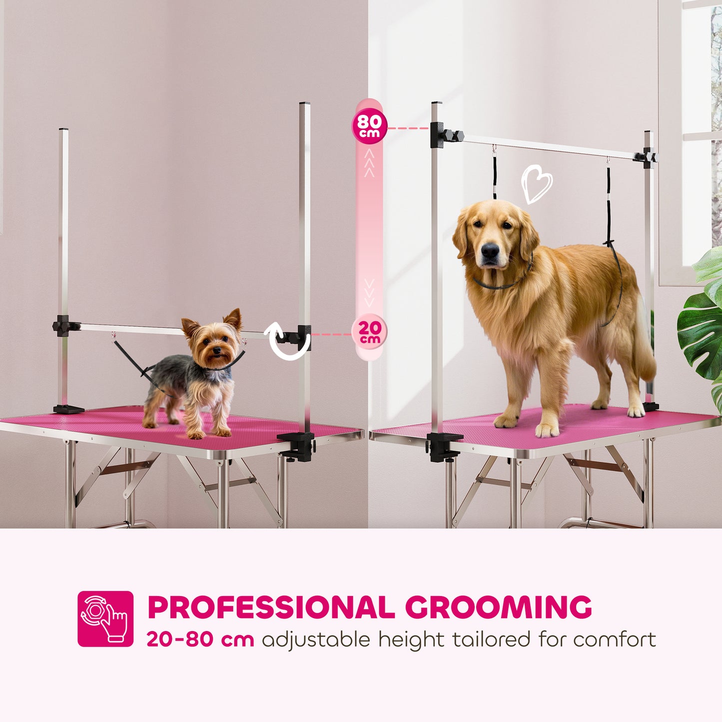 42" Dog Grooming Table, Adjustable Pet Cat Drying Beauty Table with 2 Loops Storage Basket, Rubber Top, Pink