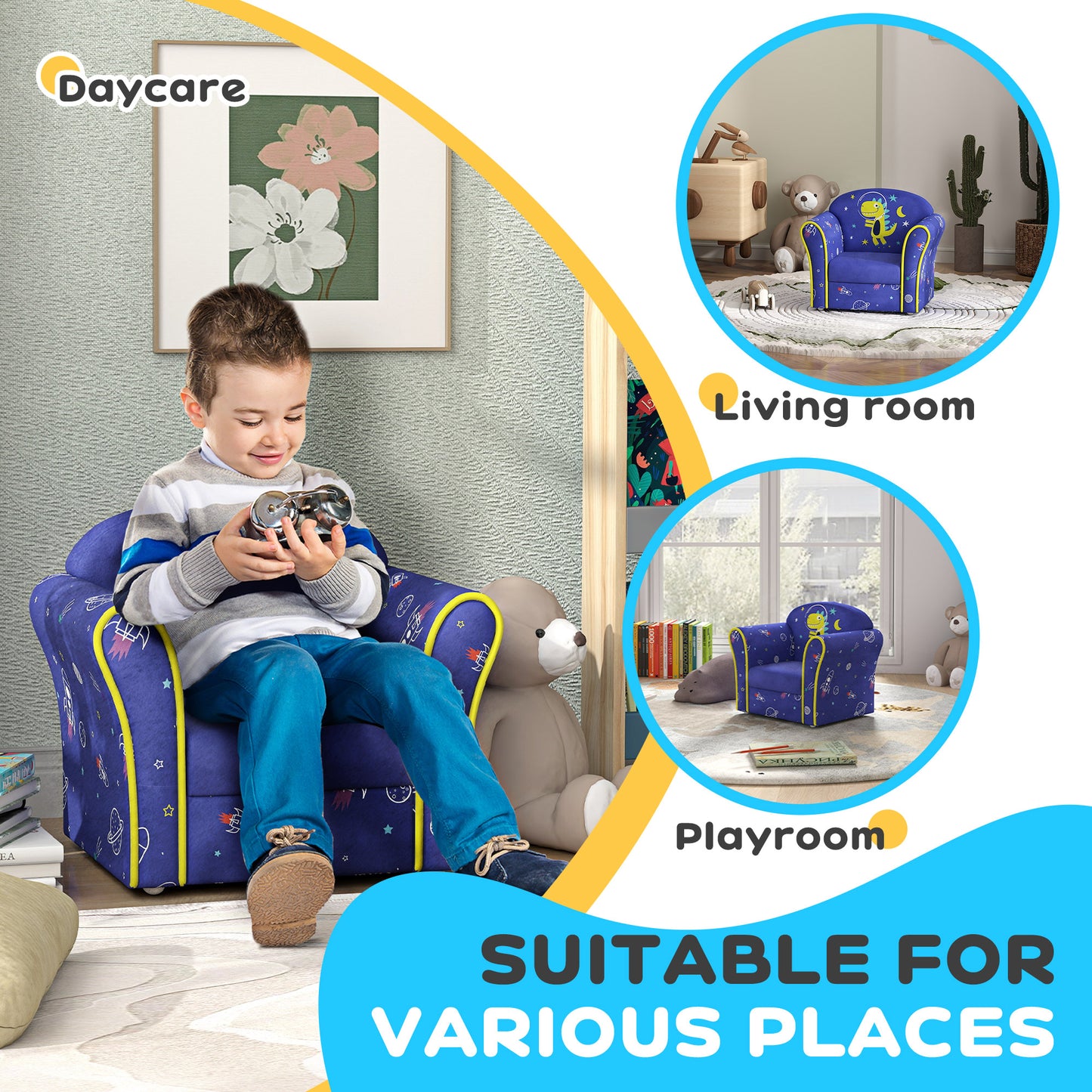Kids Armchair with Planet Dinosaurs Design, Wooden Frame, for Bedroom, Playroom, Kids Room - Blue