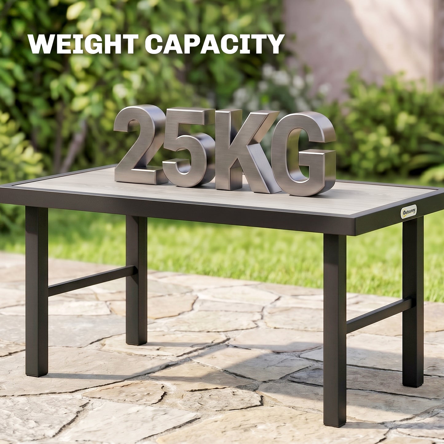 Metal Garden Coffee Table, Outdoor Side Table with SPC Woodgrain Tabletop for Outside, Garden, Balcony, Porch