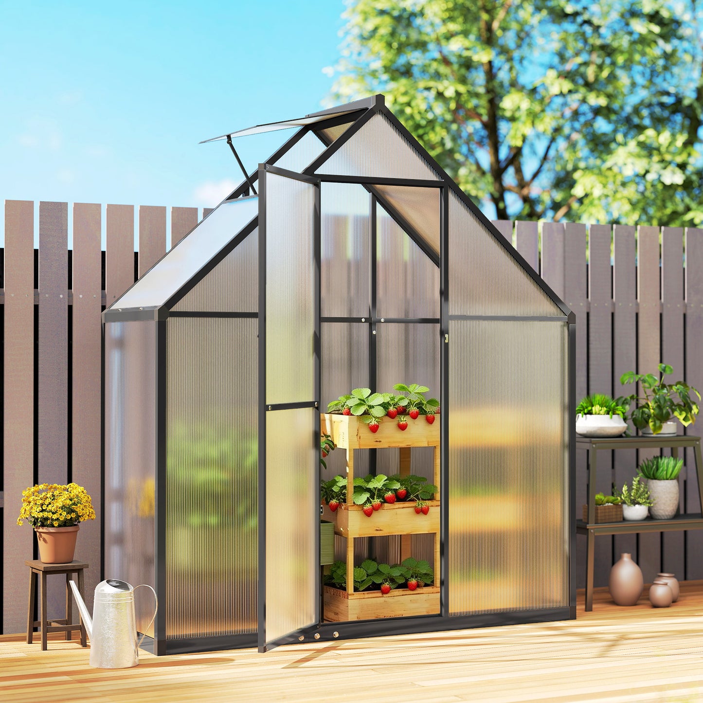 Polycarbonate Greenhouse with Swing Door and Adjustable Window, Walk-in Greenhouse, 5.5 x 2ft, Black
