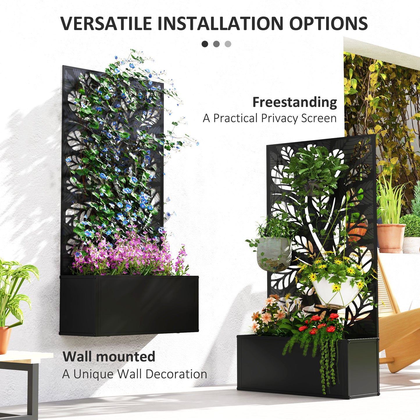 Outdoor Metal Planter, with Back Trellis - Black