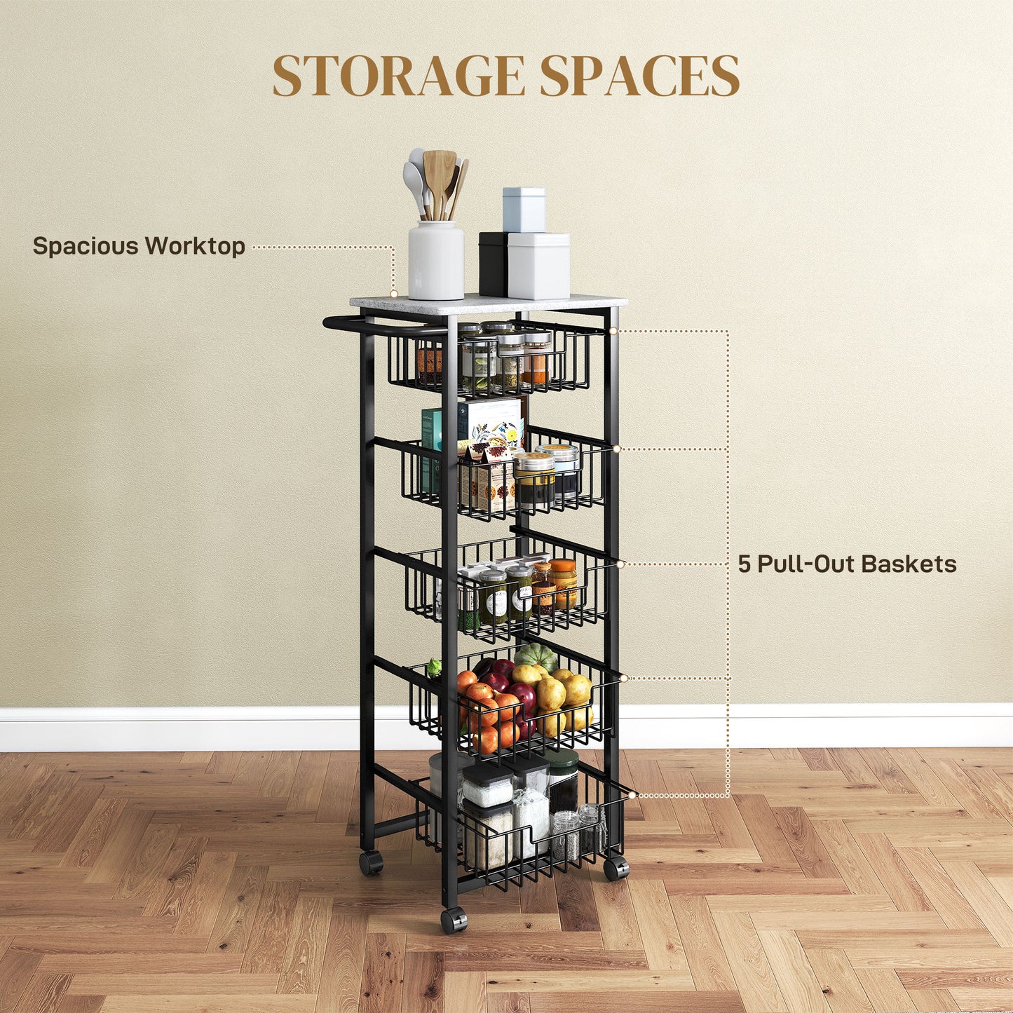 Five Basket Mobile Kitchen Island, with Brakes - Grey/Black