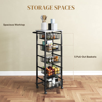 Five Basket Mobile Kitchen Island, with Brakes - Grey/Black