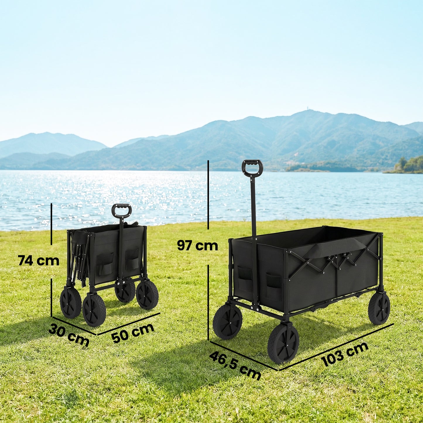 95L Foldable Festival Trolley on Wheels, Collapsible Wagon Cart with Adjustable Handle and 2 Cup Holders, Black