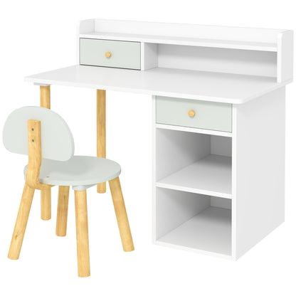 Two-Piece Children Study Table with Hutch, Kids Desk and Chair Set with Storage, Drawer, Shelves, Green