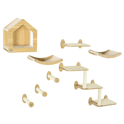 8 Piece Cat Shelves Set, with Cat House, Three Perches, Three Scratching Posts