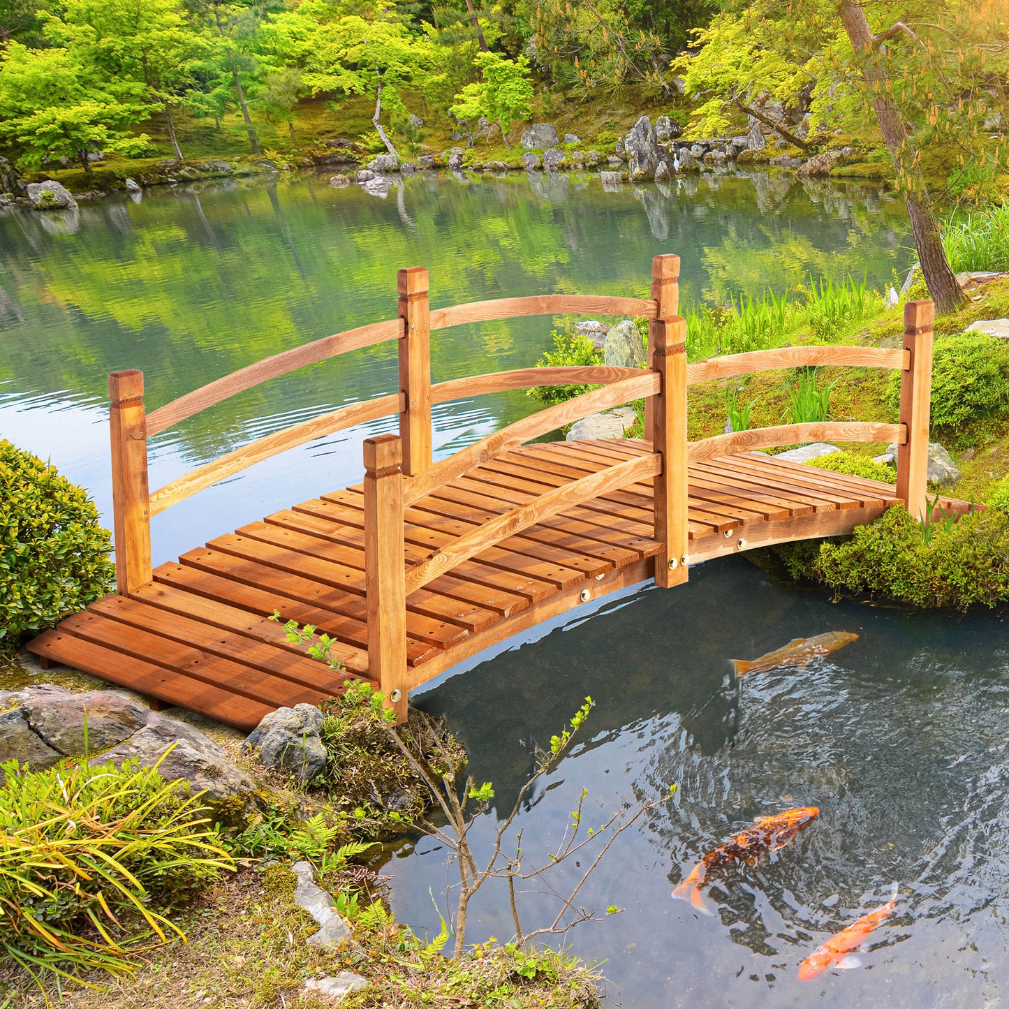 6FT Wooden Garden Bridge with Safety Railings, Classic Arc Footbridge for Stream Pond Walkway, Orange