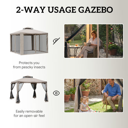 Outdoor Gazebo, 2-tier Roof with Netting for Garden Patio, 295L x 295W x 263Hcm, Taupe