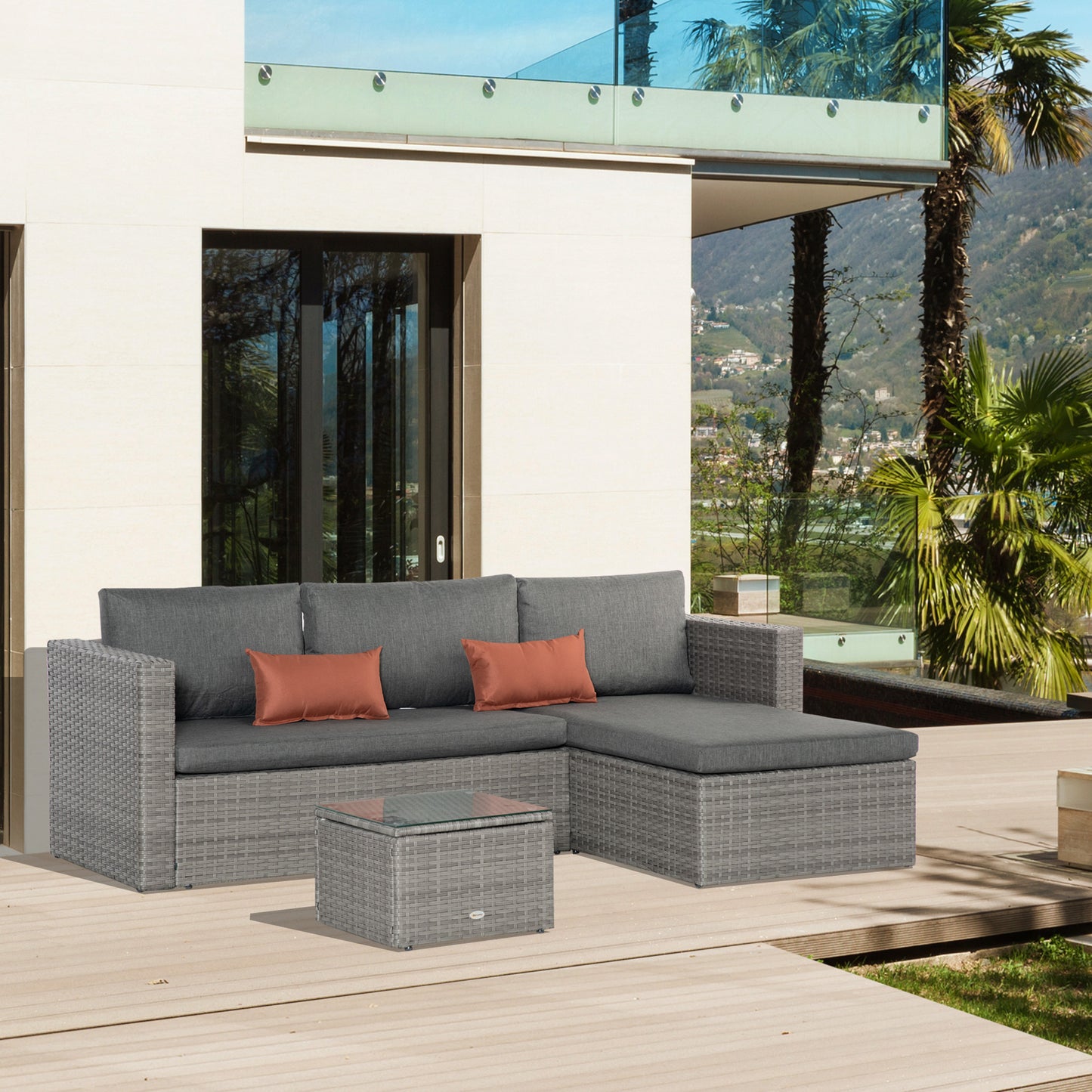 3 Pieces Outdoor PE Rattan Sofa Set, Patio Wicker Conversation Chaise Lounge Furniture w/ Tempered Glass Table-top & Soft Pad