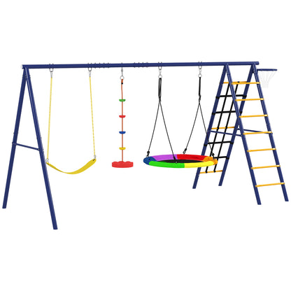 6 in 1 Metal Kids Swing Set with 3 Swings, Climbing Ladder & Net, Basketball Hoop, for Ages 3-8