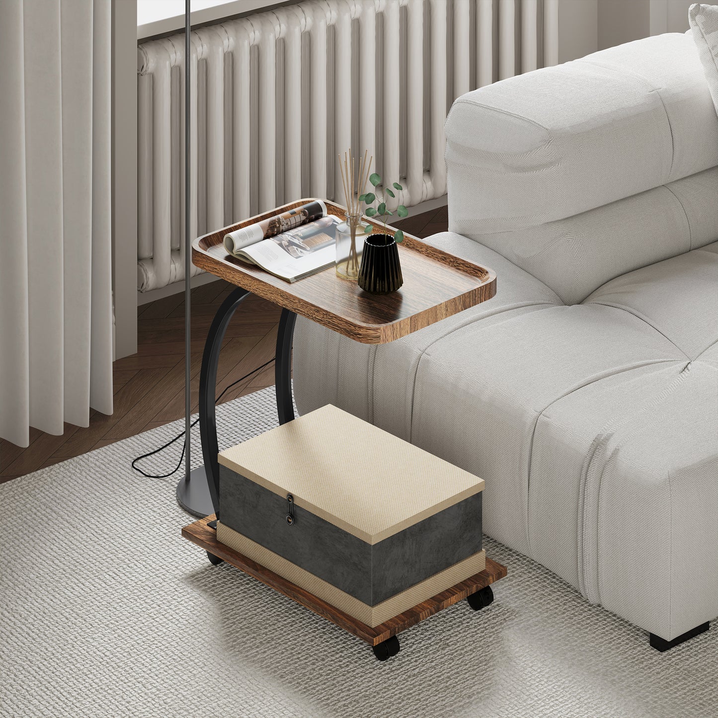 2-Tier Mobile C-Shaped Side Table - Brown