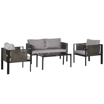 4 Piece Metal Garden Furniture Set with Tempered Glass Coffee Table, Texteline Pocket