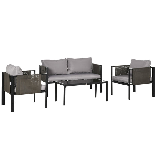 4 Piece Metal Garden Furniture Set with Tempered Glass Coffee Table, Texteline Pocket