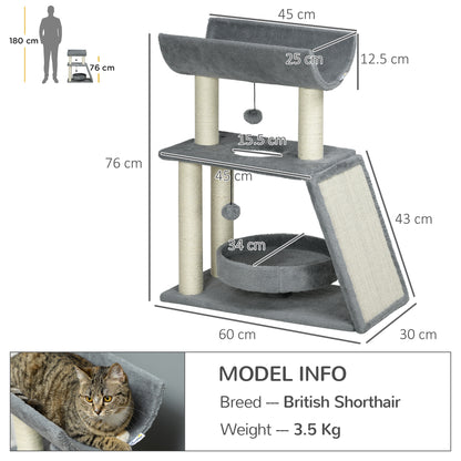 Cat Tree Tower, with Scratching Posts, Pad, Bed, Perch, Toy Ball - Light Grey