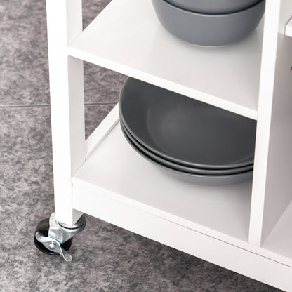 Kitchen Trolley, Kitchen Island on Wheels, w/ Wood Top, 3 Shelves and Storage Cupboard, White