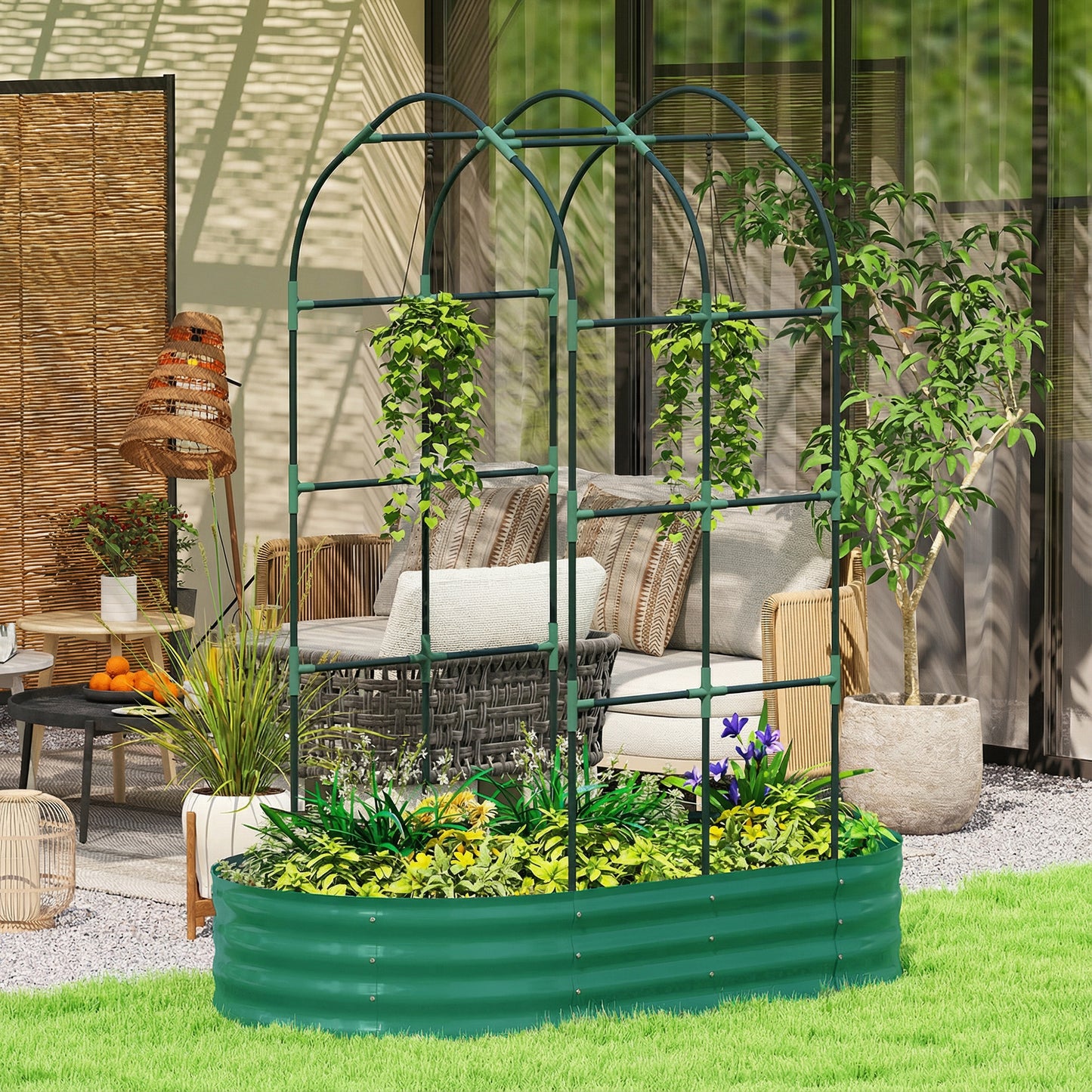 Galvanised Raised Garden Bed with Arched Trellis, 5 x 3 x 6ft Metal Raised Bed for Garden with Open Bottom, Green