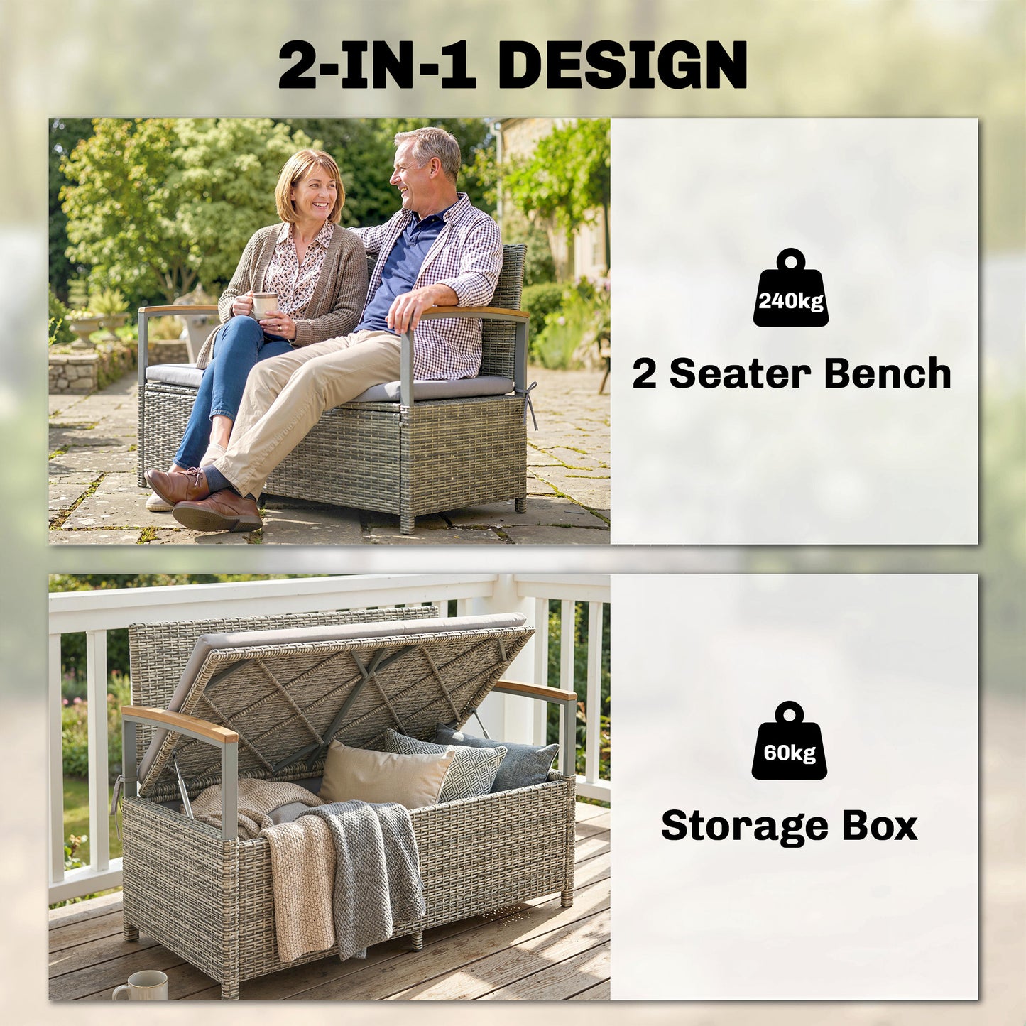 170 L Garden Storage Bench with Zipped Liner, 2 Seater Rattan Garden Bench with Storage, Gas Strut, Cushion, Light Grey