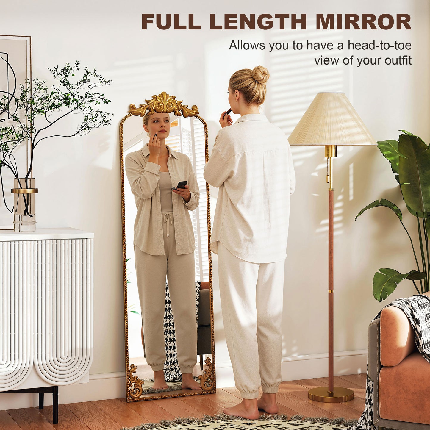 Full Length Mirror, 50 x 160 cm Floor Mirror with Baroque Metal Frame for Bedroom, Living Room, Dressing Room, Gold Tone