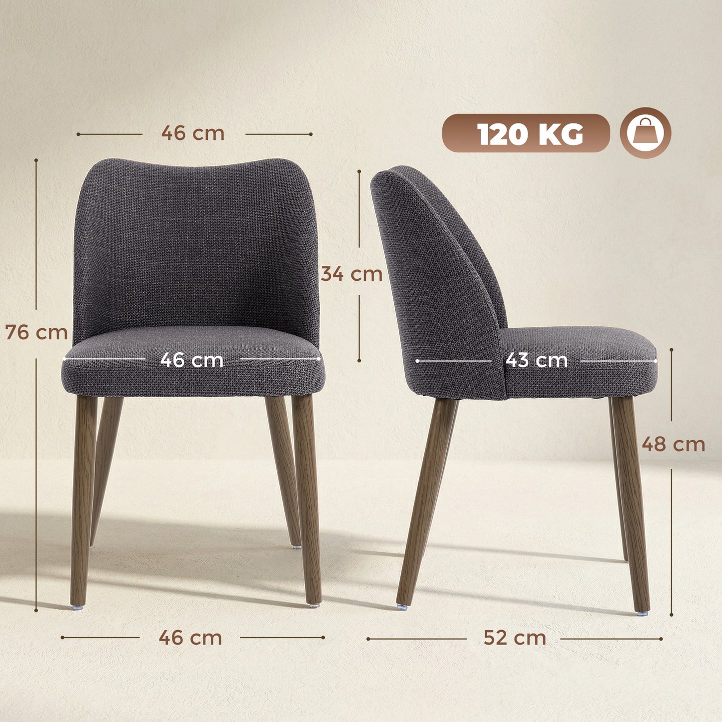 Dining Chairs Set of 2, Linen Upholstered Kitchen Chairs with Padded Seat, Curved Backrest, Rubberwood Legs, Dark Grey