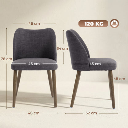 Dining Chairs Set of 2, Linen Upholstered Kitchen Chairs with Padded Seat, Curved Backrest, Rubberwood Legs, Dark Grey