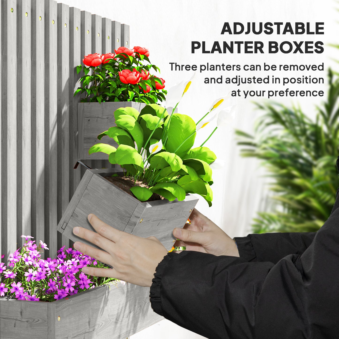 Wall-mounted Wooden Garden Planters with Trellis, Drainage Holes and 3 Planter Boxes for Patio, Grey