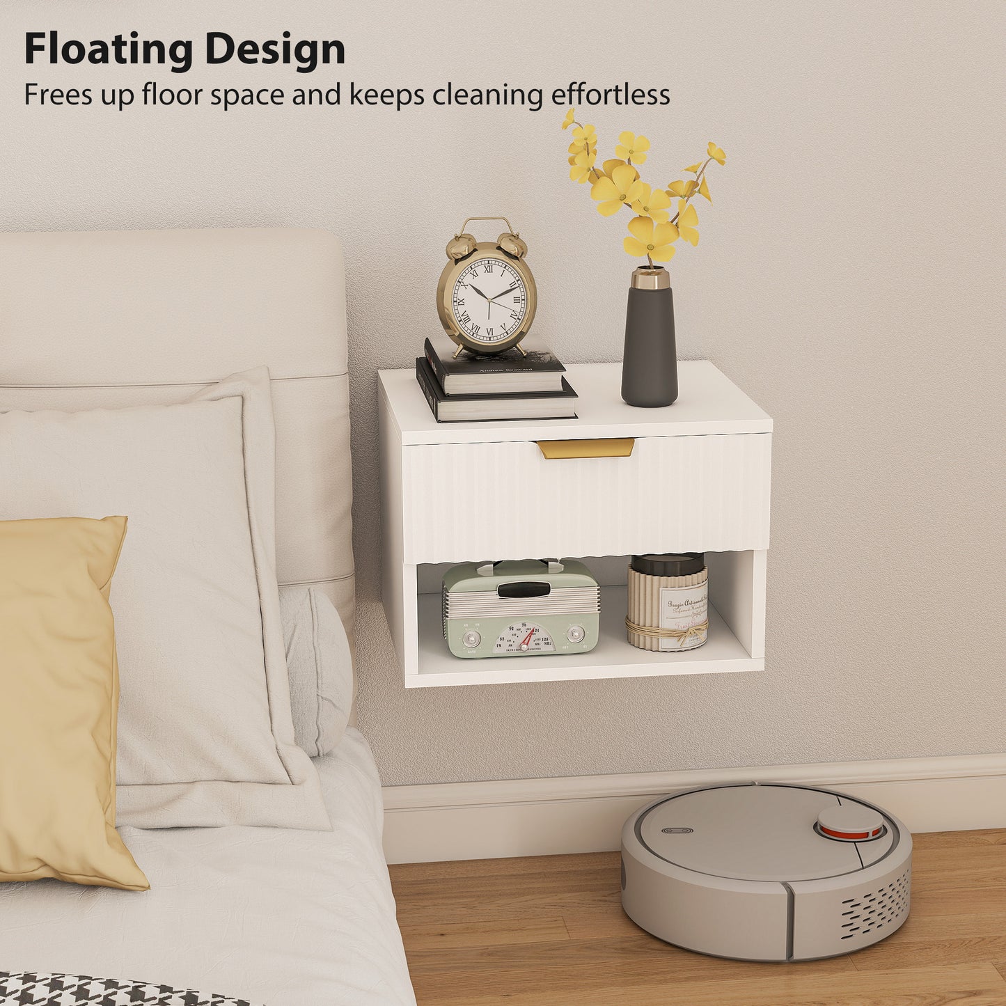 Floating Nightstands Set of 2, Modern Wall Mounted Bedside Tables, White