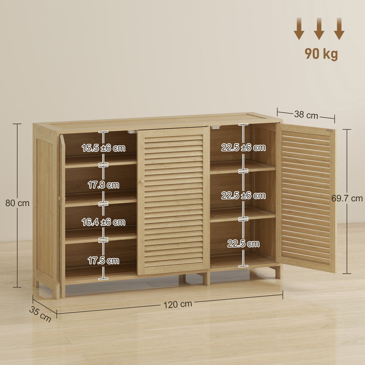 Bamboo Shoe Cabinet with Louvered Doors, 18 Pairs Shoe Storage Cabinet with Adjustable Shelves for Hallway, Natural
