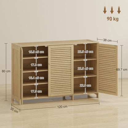 Bamboo Shoe Cabinet with Louvered Doors, 18 Pairs Shoe Storage Cabinet with Adjustable Shelves for Hallway, Natural