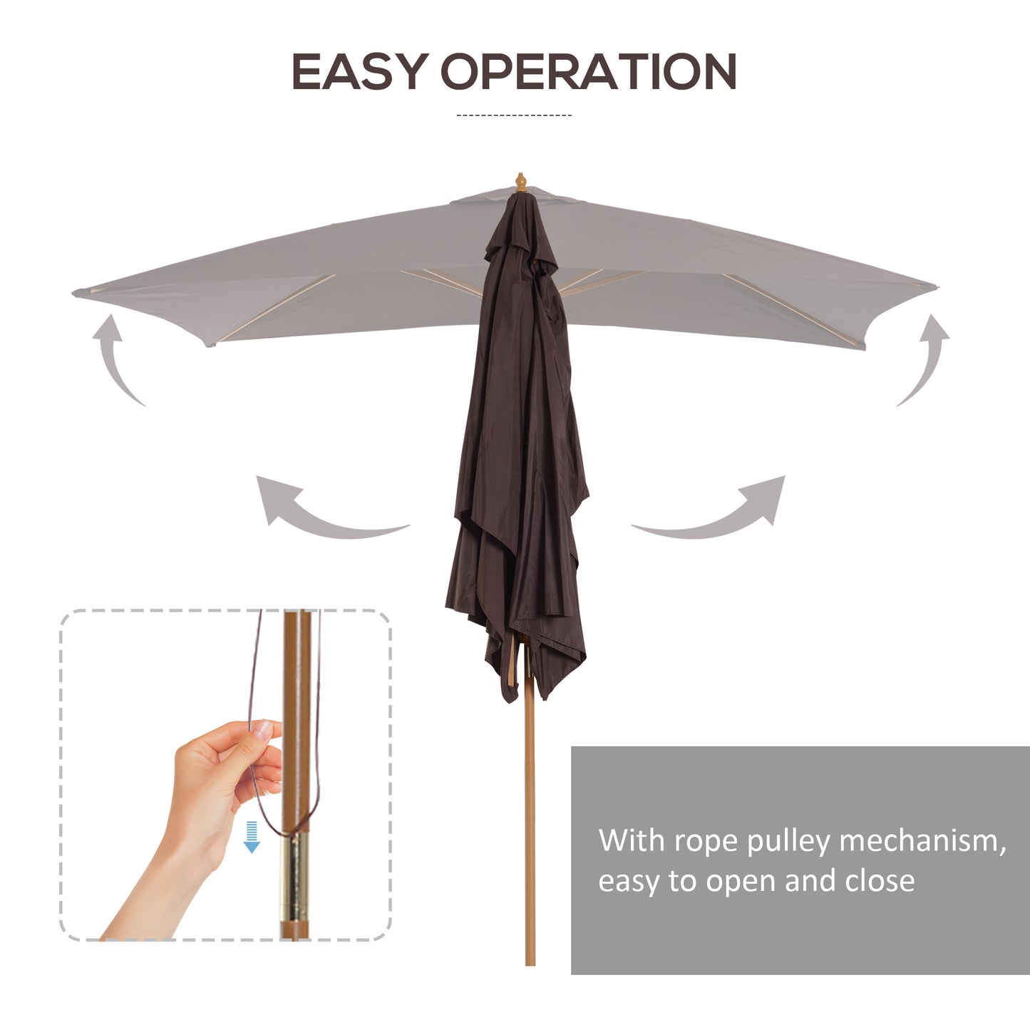 2 x 3m Wooden Garden Parasol Umbrella Outdoor Sun Shade Canopy, Dark Coffee