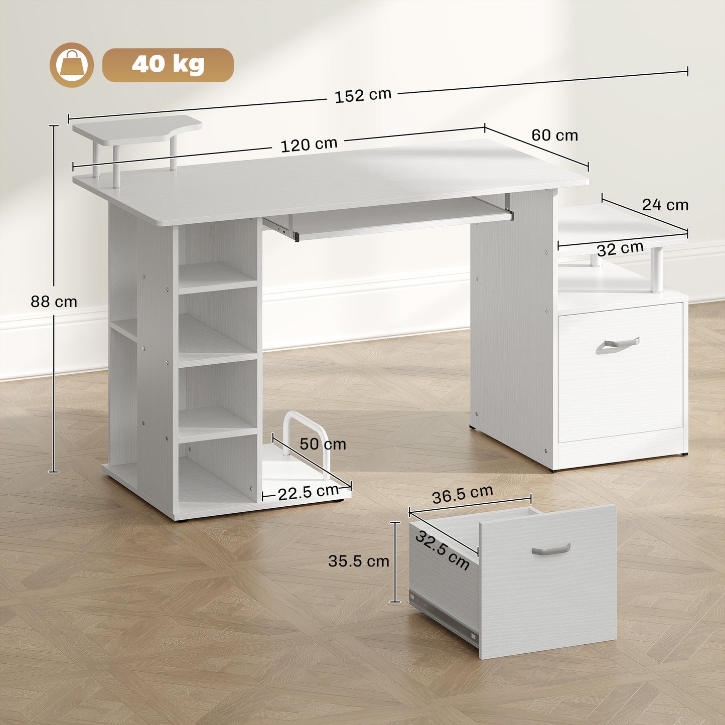 Computer Desk with Drawer Shelves CPU Storage Rack White