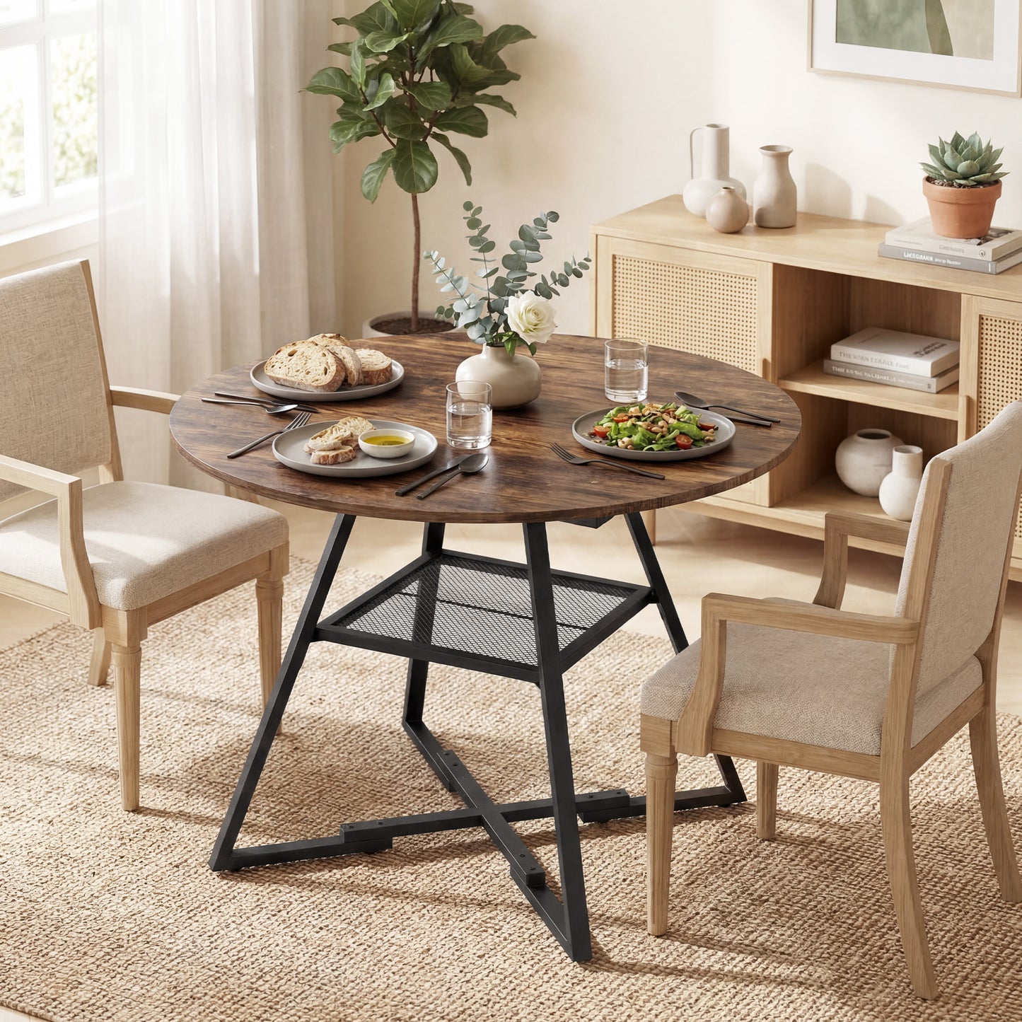 Dining Table for 4 People, 100 cm Round Industrial Kitchen Table with Storage Shelf, Rustic Brown
