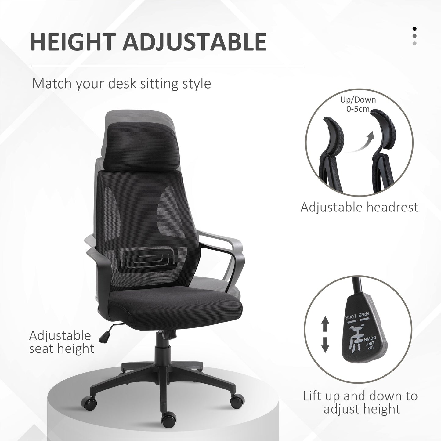 Ergonomic Office Chair, High Back Computer Chair, Mesh Desk Chair with Lumbar Support, Headrest, Wheel, Adjustable Height