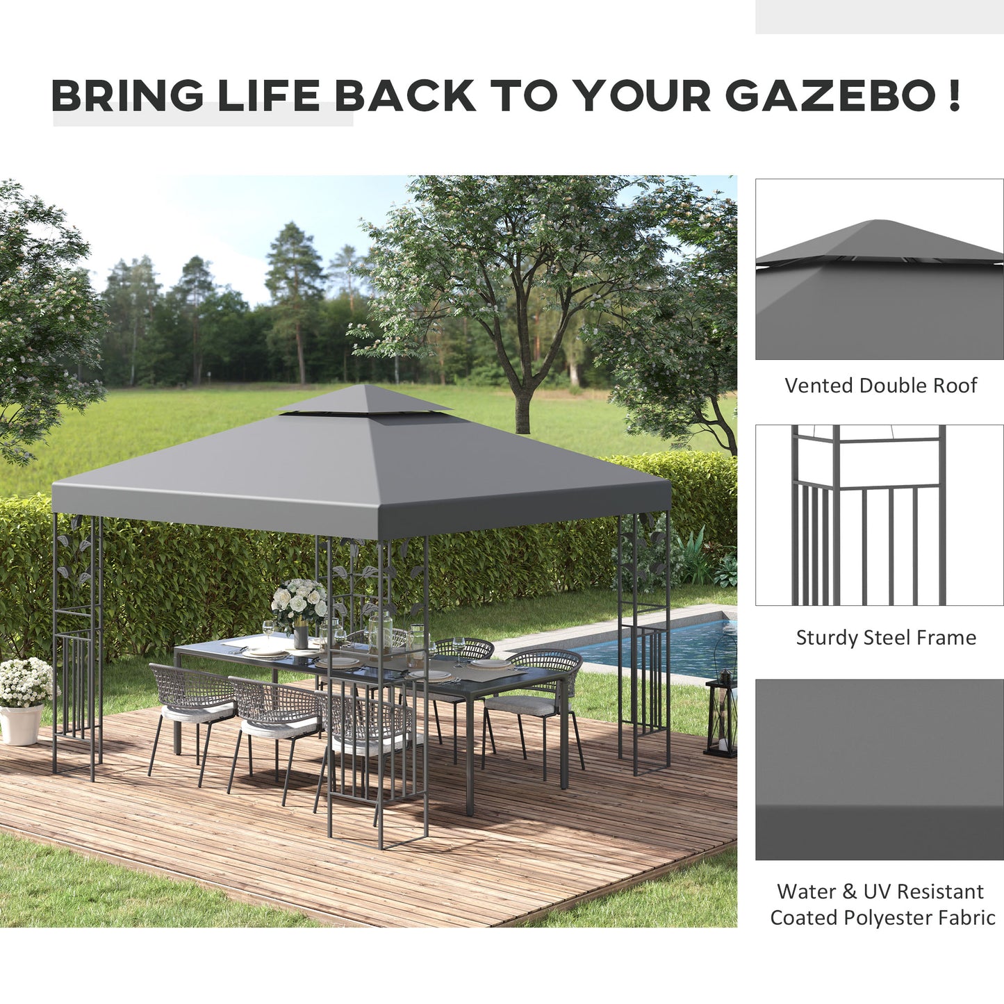 3 x 3m Outdoor Steel Gazebo with 2 Tier Roof, Garden Gazebo Patio Canopy Marquee Shelter with Decorative Steel Frame - Grey