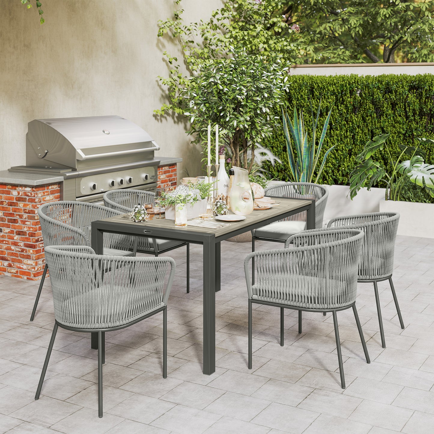 Rattan Dining Set, 6 Seater Rattan Garden Furniture Set with Acacia Wood Top Rectangle Table, 6 Chairs