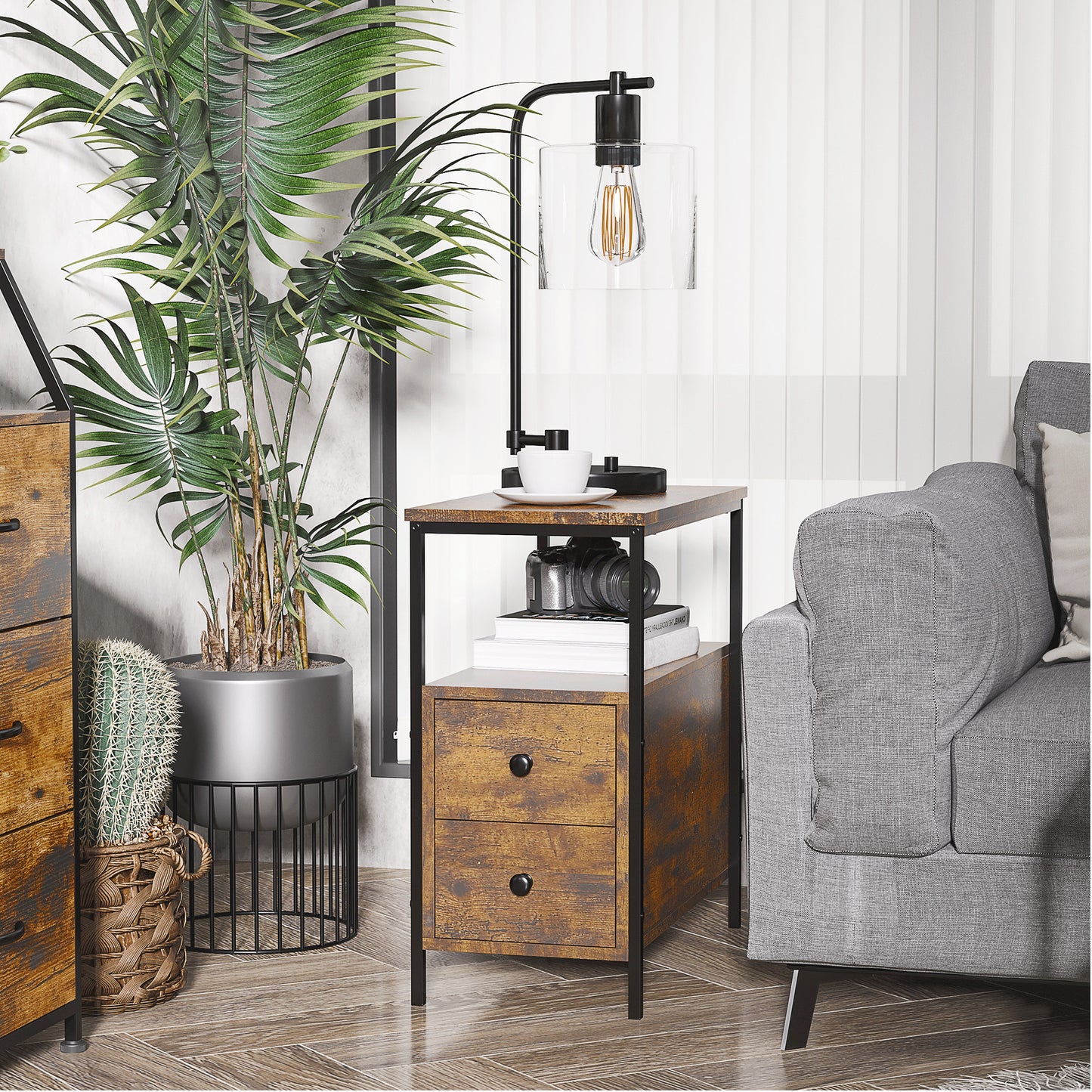 Side Table, Narrow Bedside Table with 2 Drawers and Storage Shelf, Industrial End Table with Metal Frame for Small Spaces