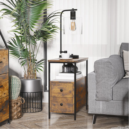 Side Table, Narrow Bedside Table with 2 Drawers and Storage Shelf, Industrial End Table with Metal Frame for Small Spaces
