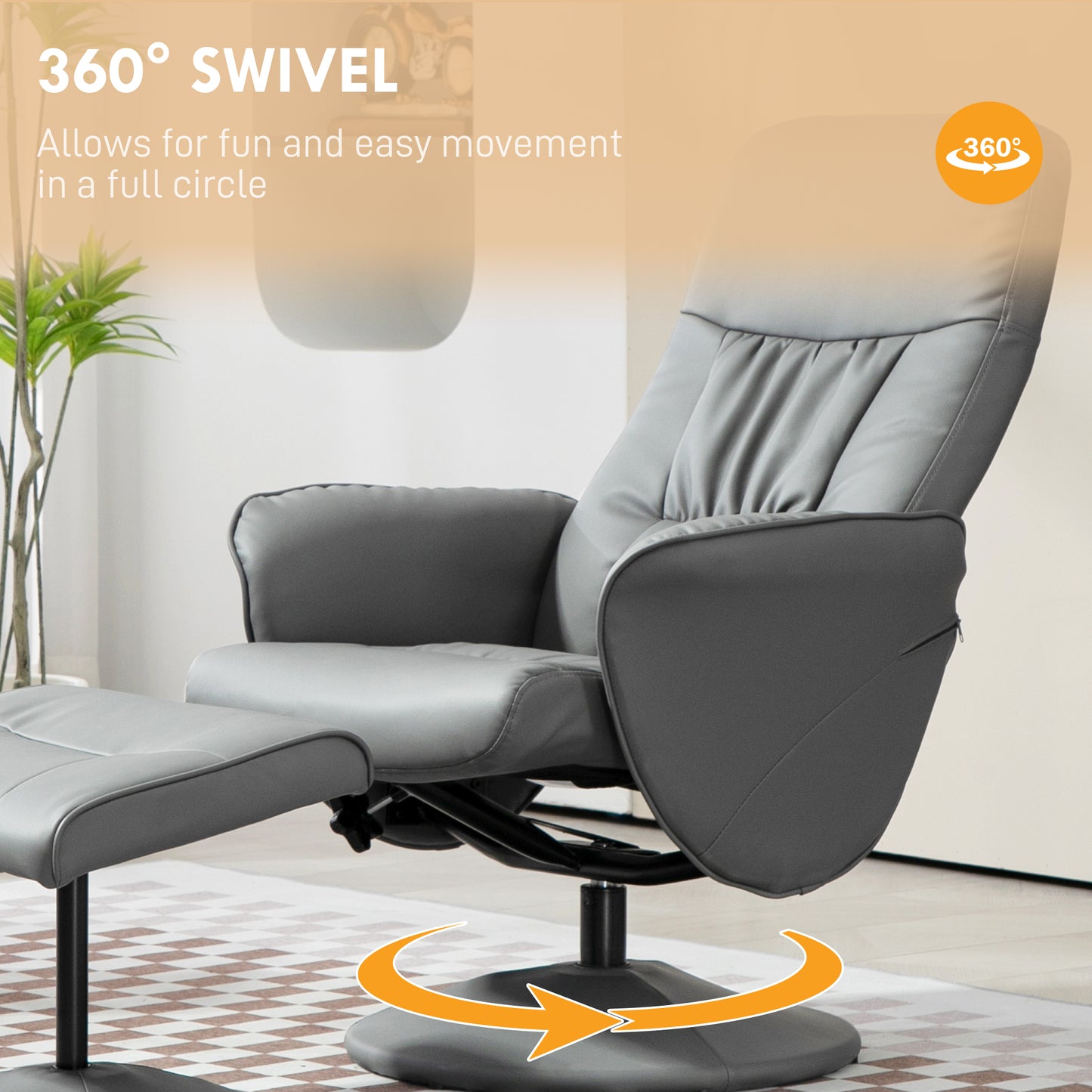 Swivel Recliner Chair with Footstool, PU Leather Armchair and Ottoman with High Back and Round Base for Living Room