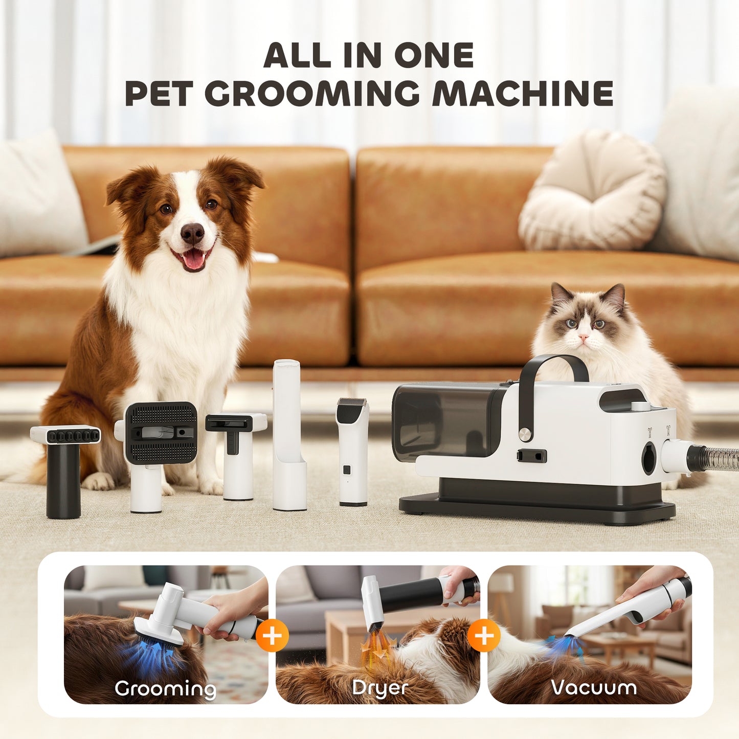 5 in 1 Dog Grooming Vacuum & Dryer w/ Clipper, 1.8L Canister, 4 Modes Blow Temperature