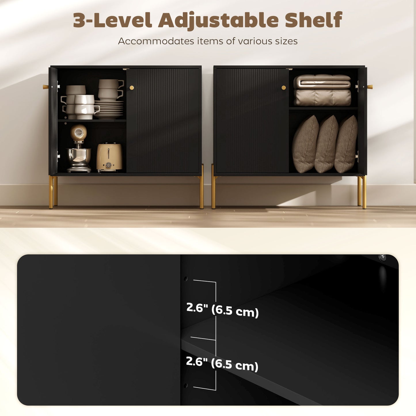 Sideboard Buffet Cabinet, Coffee Bar Cabinet with Fluted Doors and Adjustable Shelf, Black